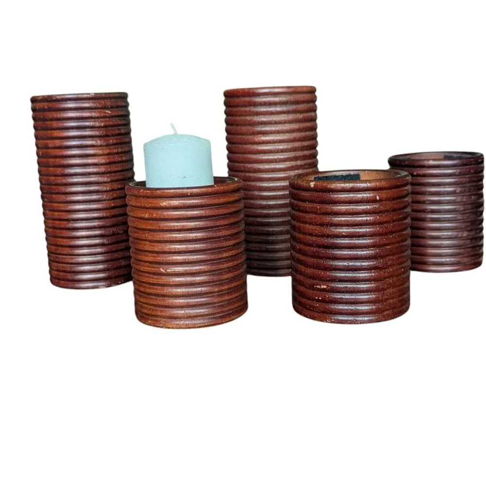 Ribbed Wooden Candle Holder Votive Coastal MCM Pier 1 Boho 5 CT  Beach 70's 80's